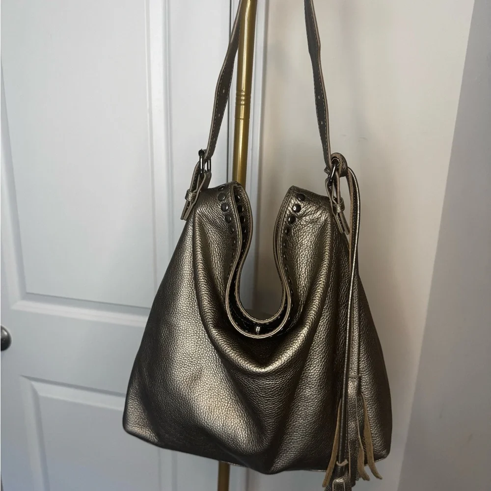 LAGGO Metallic Pewter Leather Hobo Bag with Tassel